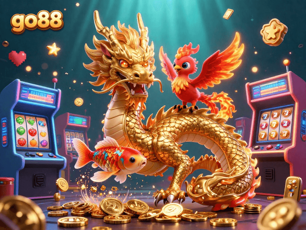 Experience the thrill of go88 with a playful dragon, phoenix, and koi amidst vibrant casino elements.