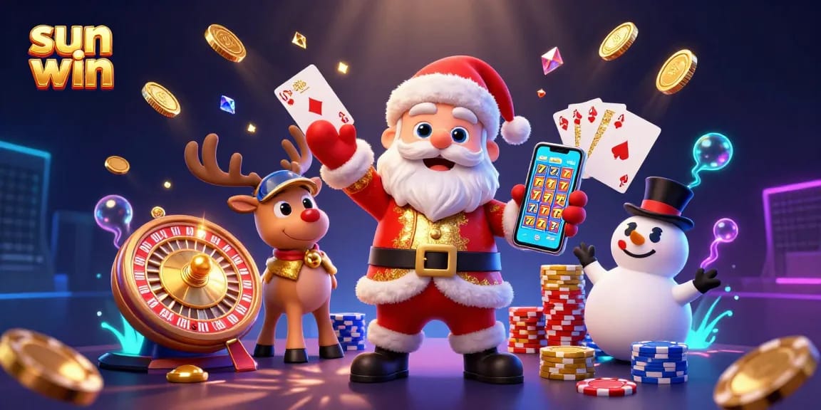 Join the fun at sun win showcasing Santa, a reindeer dealer, and a poker chip snowman in a vibrant casino.