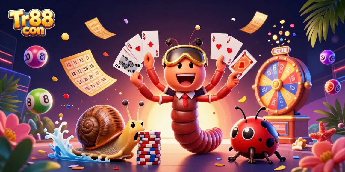 Tr88 con invites players to explore vibrant casino excitement with a cartoon-themed 3D illustration of game characters.