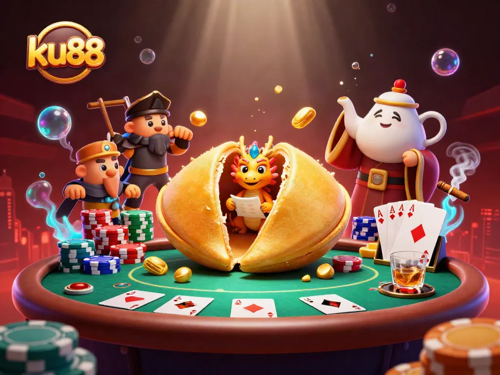Join the excitement at ku88 with dynamic poker scene featuring a giant fortune cookie and dragon fortune teller.