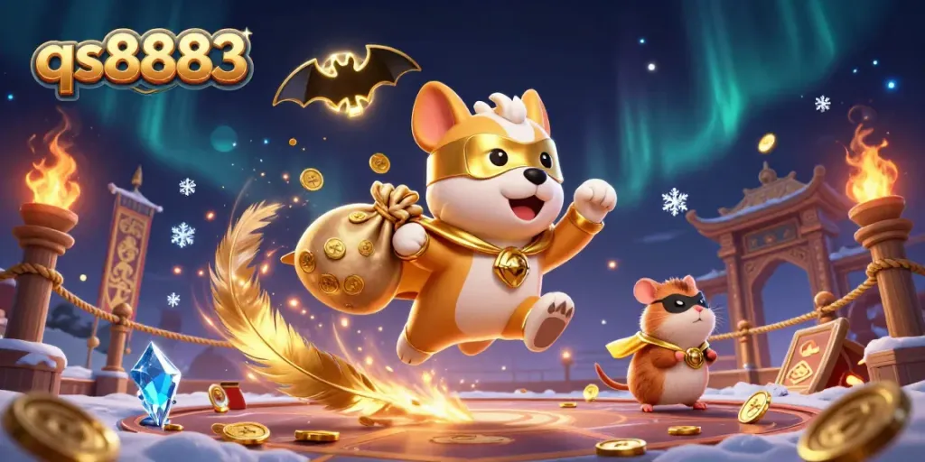 Engage with qs8883 in an exciting casino adventure featuring a flying superhero dog and hamster against a dazzling backdrop.