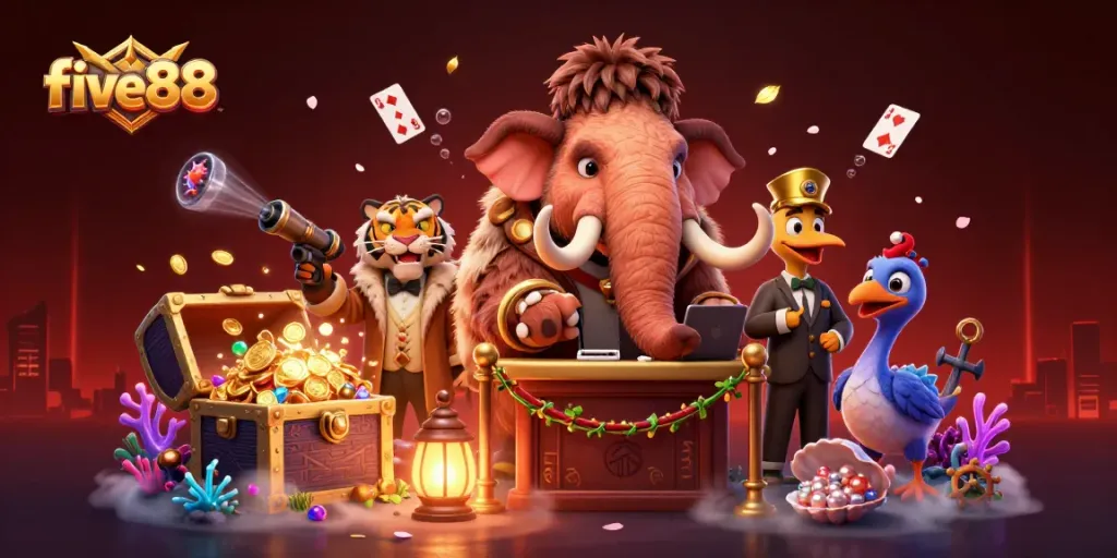 Play at five88 with a vibrant casino scene featuring unique characters and rich gaming elements.