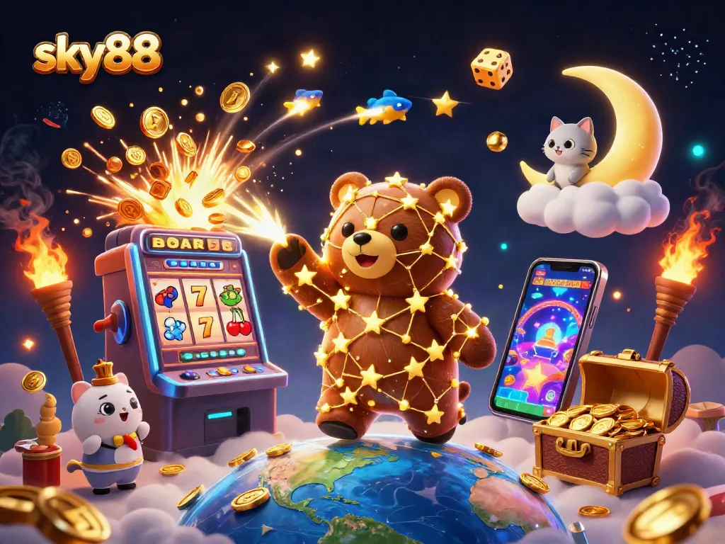 Experience thrilling wins with sky88 as the constellation bear scoops coins from a vibrant casino scene.