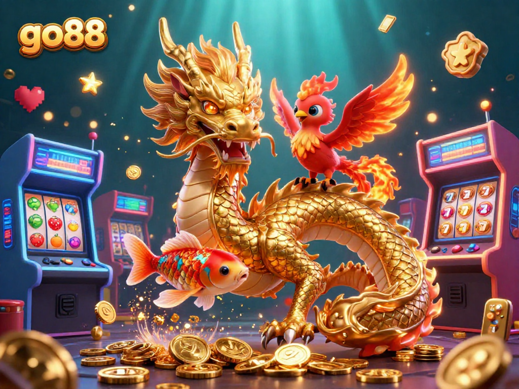 Experience the thrill of go88 with a playful dragon, phoenix, and koi amidst vibrant casino elements.