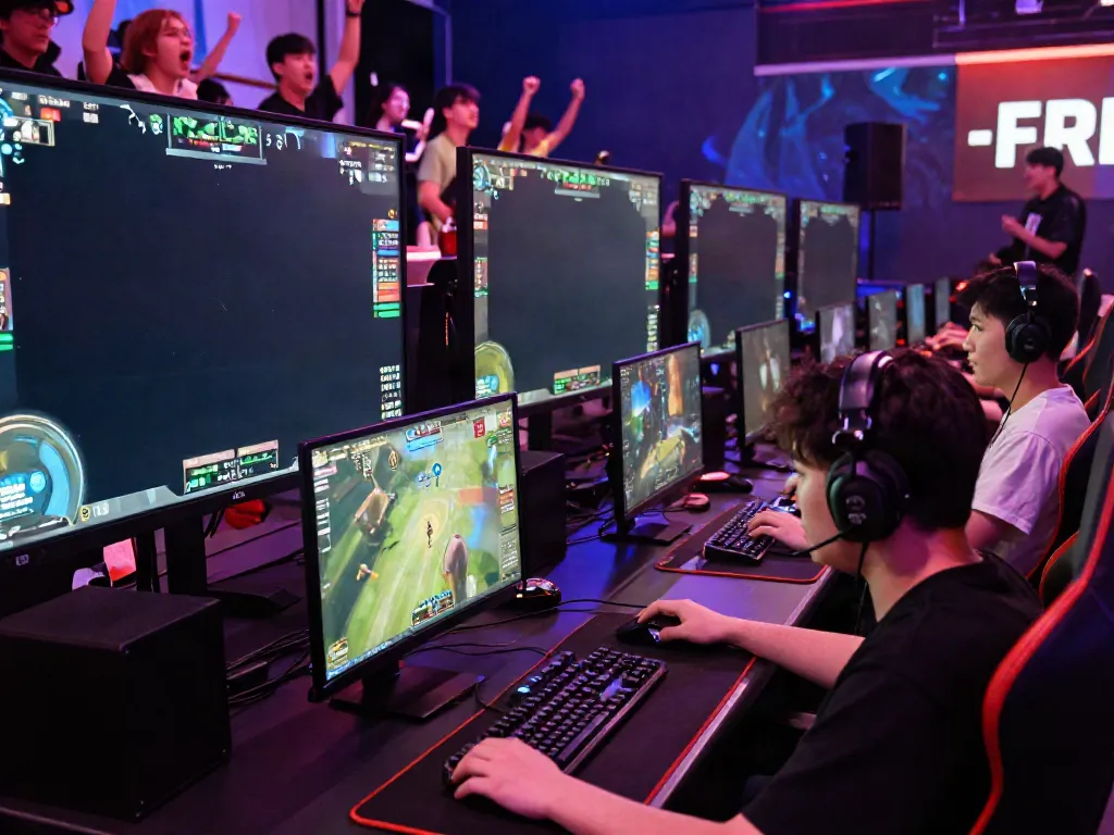Competitive players immersed in a vibrant eSports tournament featuring rokok88 link alternatif and cheering audience.