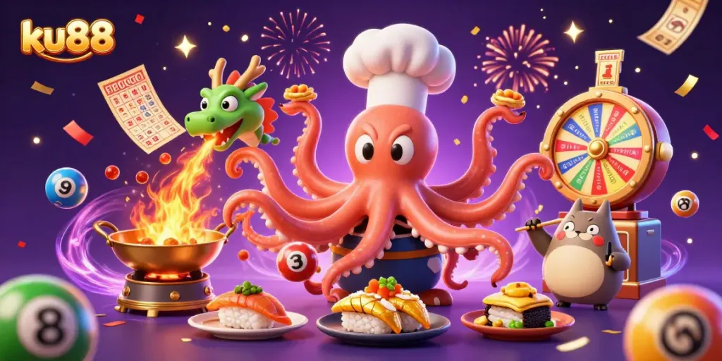 ku88's lively casino scene with an octopus chef and dragon amidst vibrant gaming elements.
