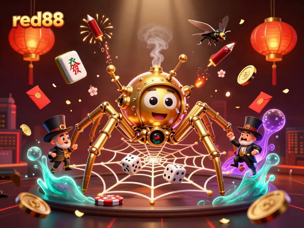 Experience the thrill at red88 with a vibrant 3D steampunk casino scene showcasing golden elements and games.