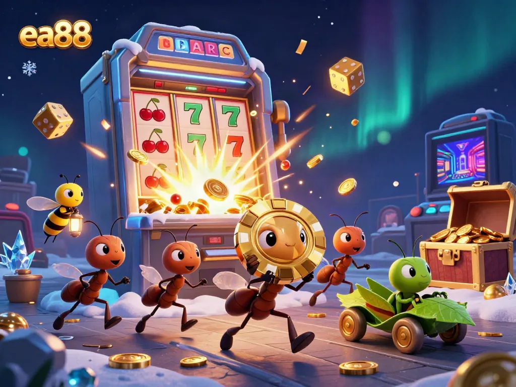 Experience exciting gameplay at ea88 with animated ants carrying a giant poker chip in a vibrant casino heist scene.