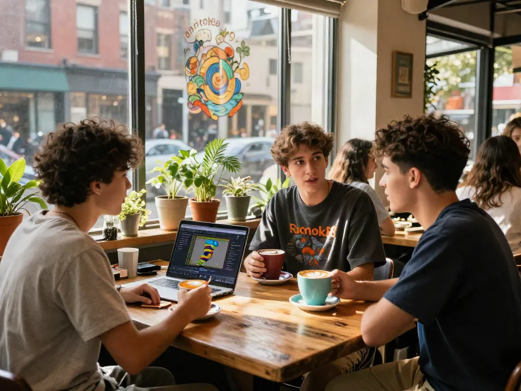Young adults socializing in a trendy coffee shop, discussing rokok88 lifestyle moments.