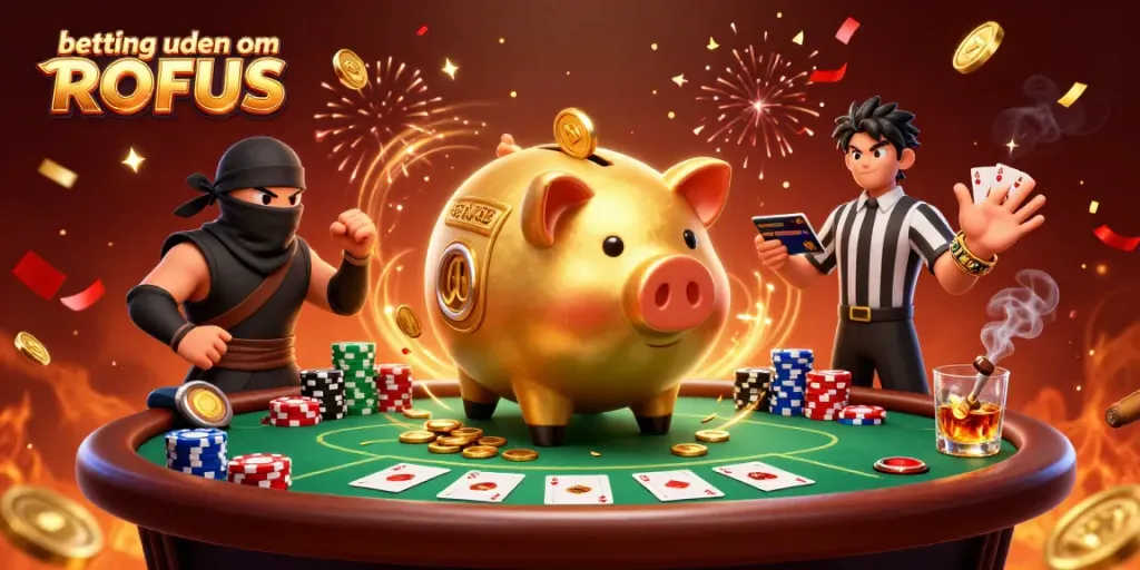 Betting uden om ROFUS showcases exciting action with a golden piggy bank sumo wrestler and opponents at a poker table.