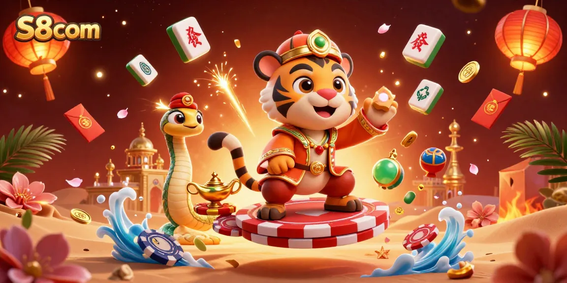 Experience the thrill of winning at S8com with an exciting 3D casino scene filled with vibrant game elements.