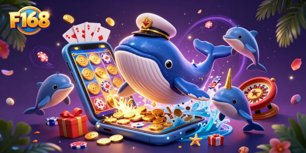 Experience F168’s thrilling casino atmosphere with playful dolphins and golden coins flying around.