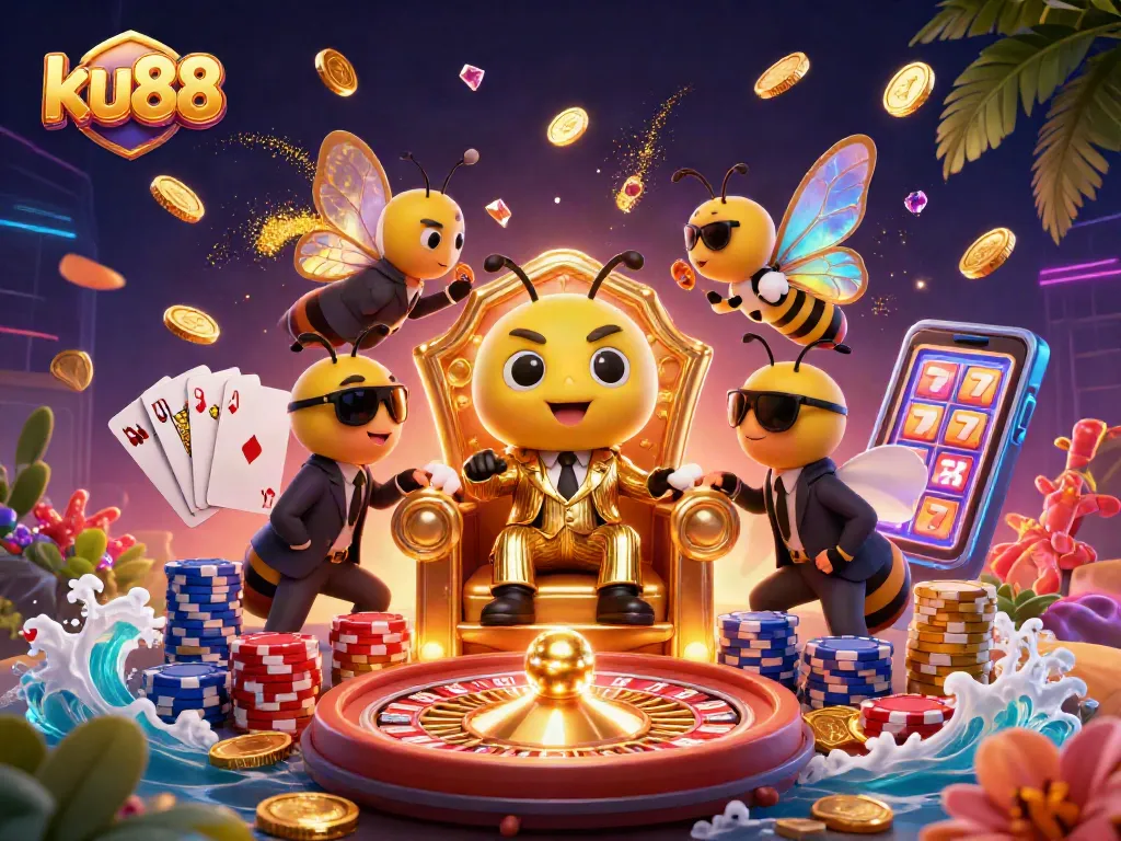 Experience the thrilling action of ku88 with a vibrant casino scene filled with winning slots and dynamic gaming elements.