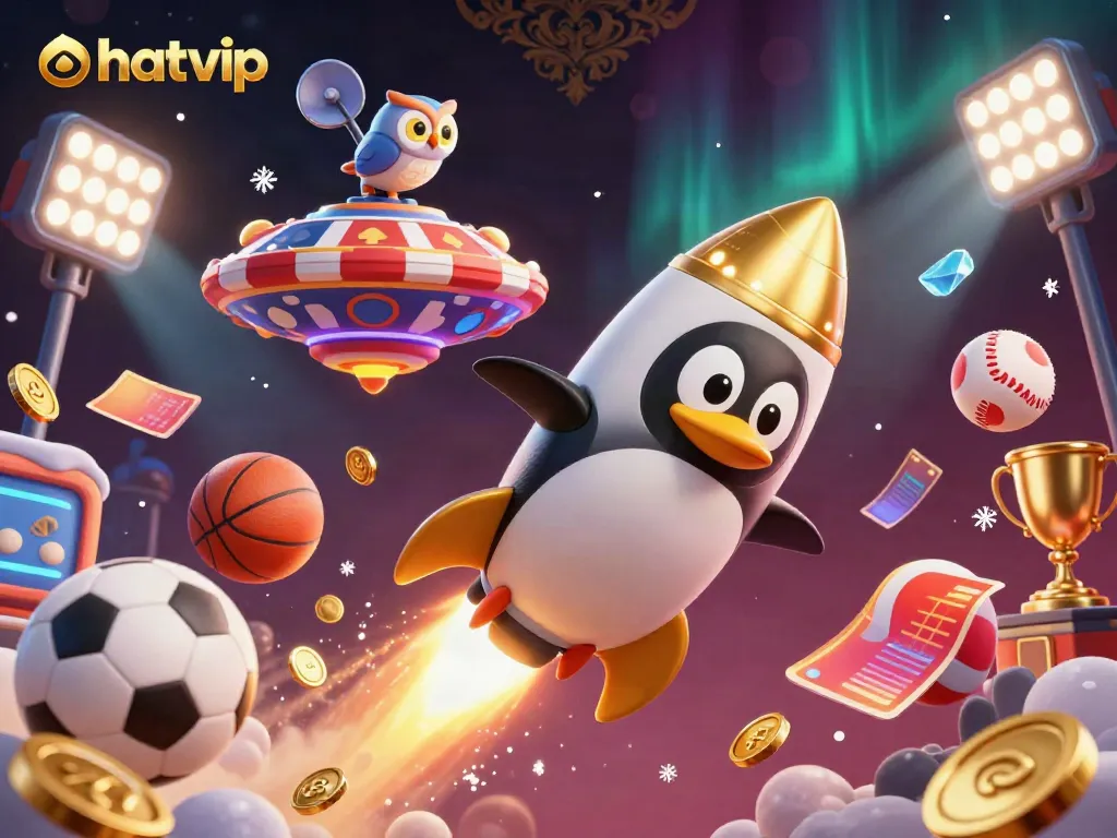 Nhatvip penguin soaring through space, featuring vibrant sports elements and casino-themed imagery.