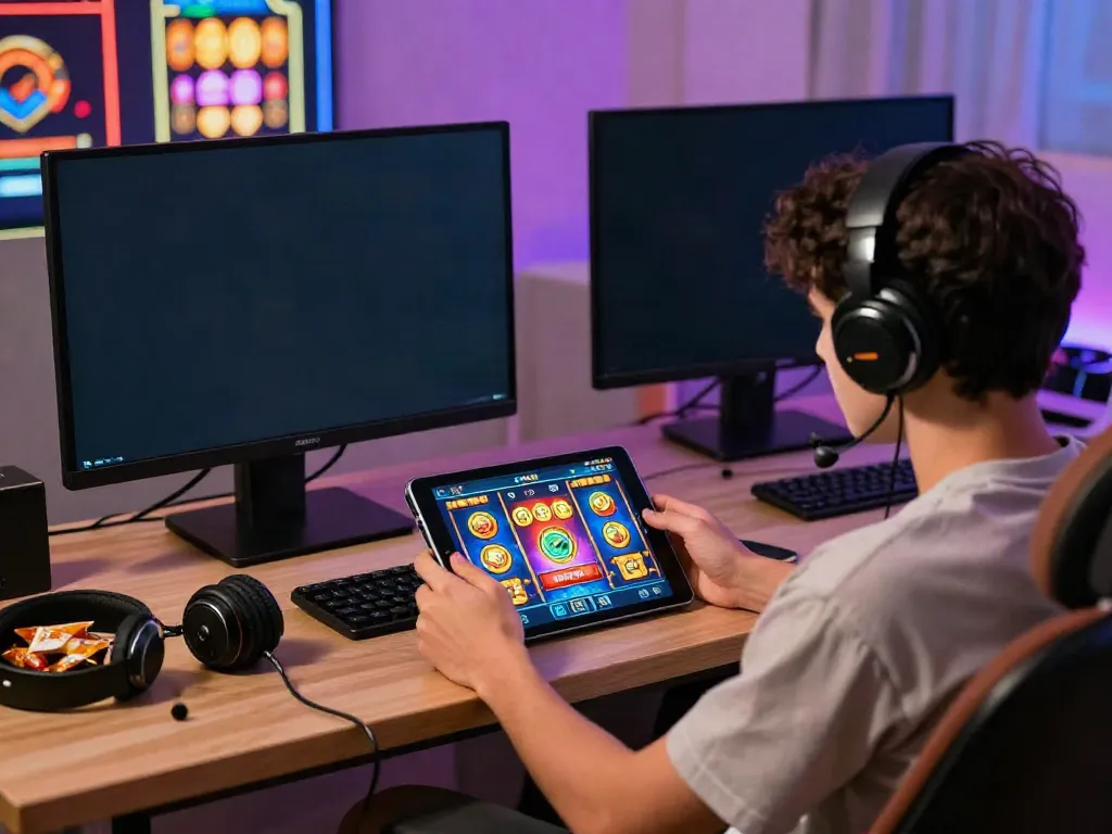 Engaged player experiencing rokok88's online slot game on a tablet in a vibrant gaming atmosphere.