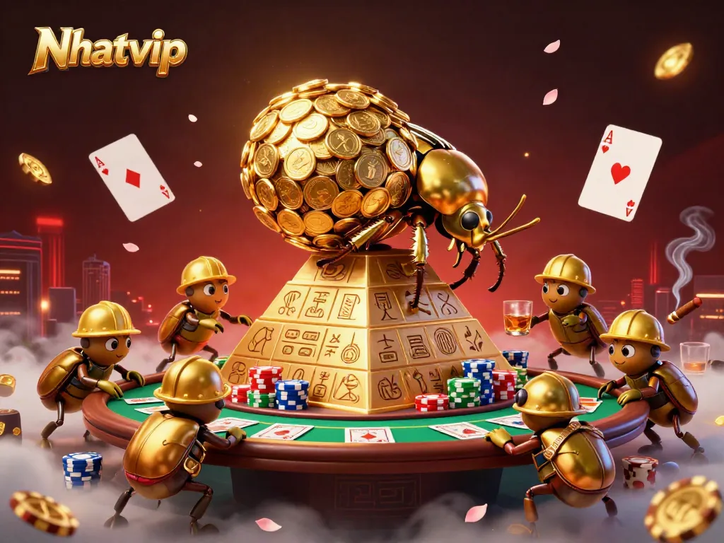 Nhatvip showcases an exciting scene with a golden beetle and poker elements amidst casino symbols.