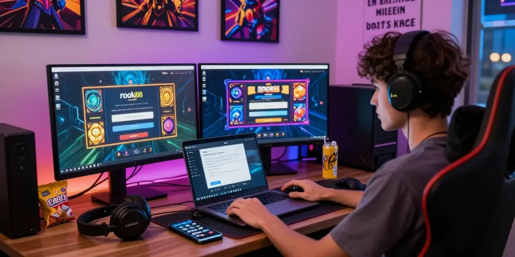 Engaging rokok88 slot login gaming environment with vibrant decor and tech setup
