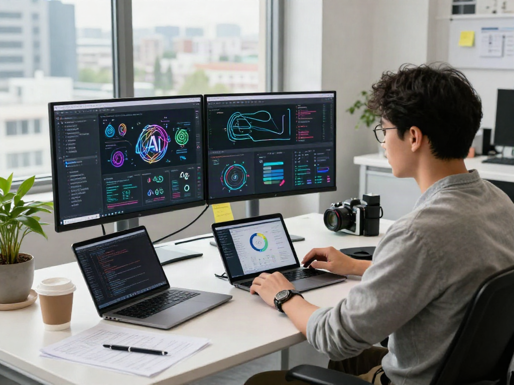 Innovative AI workspace with developer showcasing crushonai tools and coding visuals