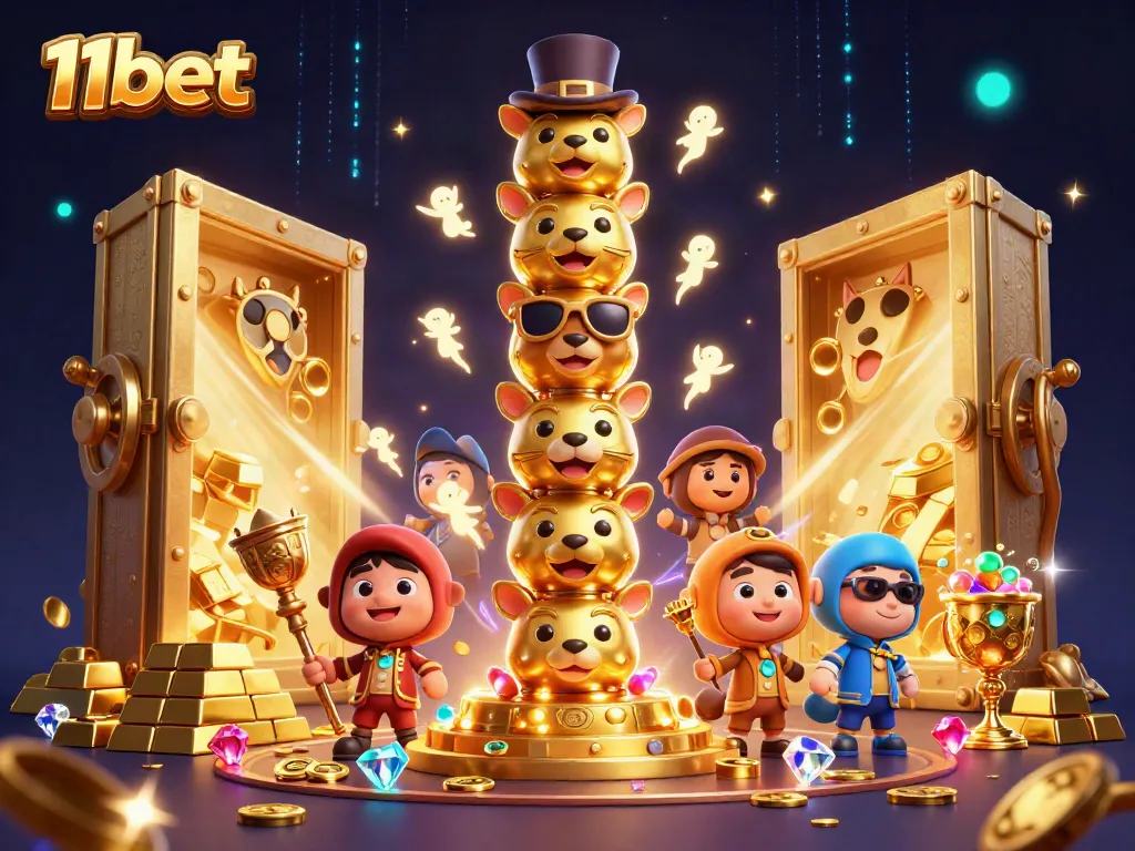 11bet showcases exciting casino gaming with golden treasures and dynamic character animations.