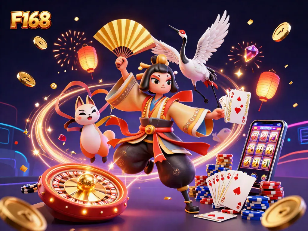 Engage with F168 in a vibrant 3D casino scene featuring dynamic characters and game elements.