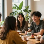 A lively cafe scene where friends discuss a crush on someone, showcasing connection and warmth.