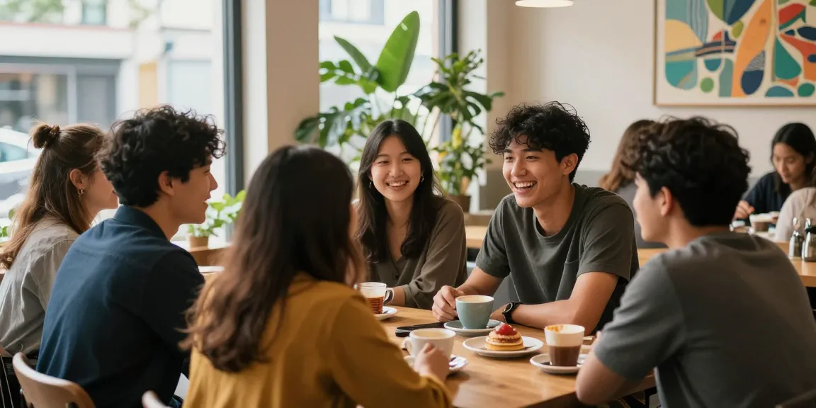 A lively cafe scene where friends discuss a crush on someone, showcasing connection and warmth.