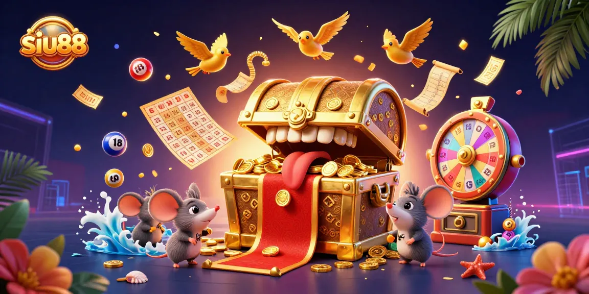 Siu88 ignites excitement as adventurer mice chase colorful lottery possibilities through a treasure-filled casino scene.
