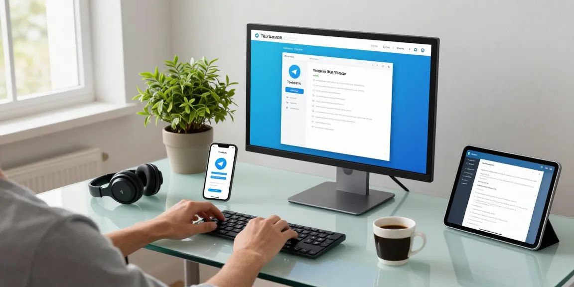 Engaged user interacting with Telegram Web Version on a sleek desktop setup surrounded by tech gadgets.
